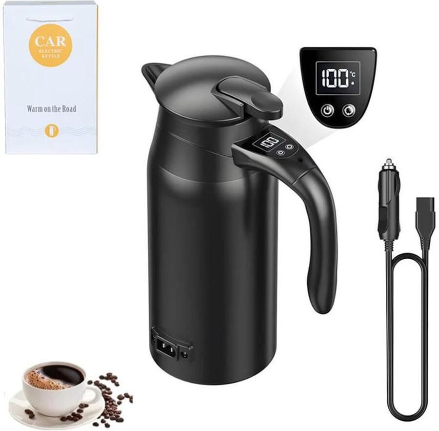 KZQ Elektrische waterkoker voor de auto – Draagbare multifunctionele waterkoker – 12V 24V – 800 ml – Dubbelwandige isolatie – Digitaal display – Aansluitkabel voor de auto – Verbeterde versie
