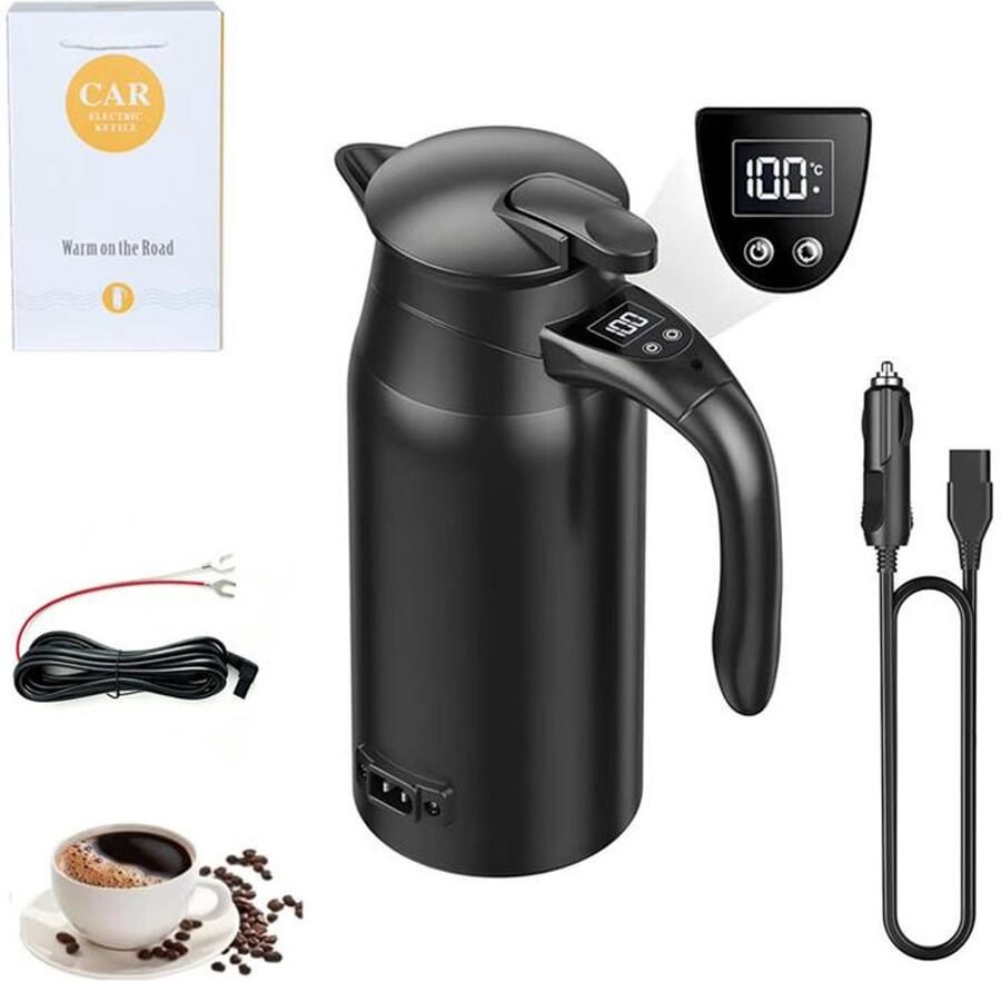 KZQ Elektrische waterkoker voor de auto – Draagbare multifunctionele waterkoker – 12V 24V – 800 ml – Dubbelwandige isolatie – Digitaal display – Voedingskabel voor de auto – Accukabel van 4 meter – Verbeterde versie