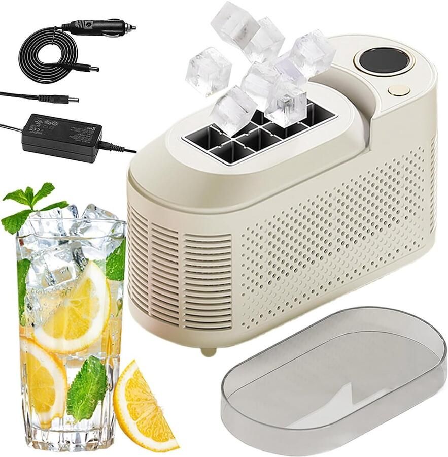 KZQ Ijsblokjesmachine – Draagbare ijsblokjesmachine – Tafelmodel ijsblokjesmachine – Maakt 8 blokjes per keer – Snelle ijsie in 10 minuten – Geschikt voor 12V-autostroom – Geschikt voor thuis in de auto en buitenshuis – Beige