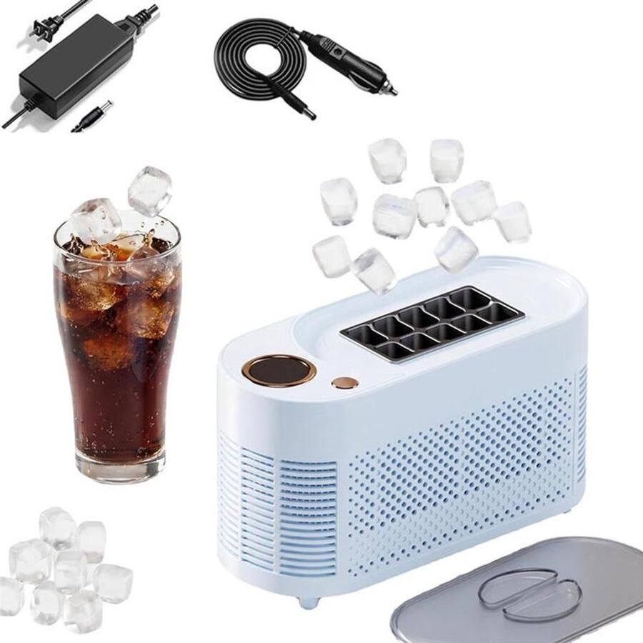 KZQ Ijsblokjesmachine – Mini-ijsblokjesmachine voor in de auto – Draagbare ijsblokjesmachine voor op het aanrecht – Maakt 10 ijsblokjes – Snelle ijsie in 10 minuten – 12V-autoadapter – Geschikt voor thuis en buitenshuis – Blauw