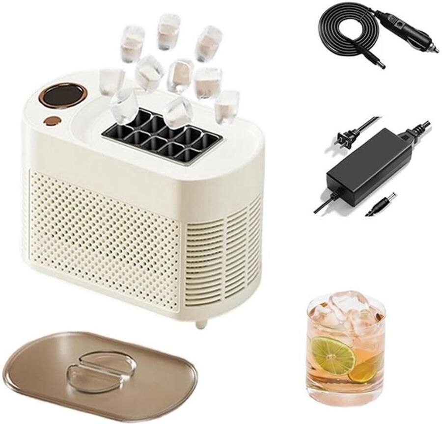 KZQ Ijsblokjesmachine – Mini-ijsblokjesmachine voor in de auto – Draagbare ijsblokjesmachine voor op het aanrecht – Maakt 10 ijsblokjes – Snelle ijsie in 10 minuten – 12V-autoadapter – Geschikt voor thuis en buitenshuis – Crèmewit