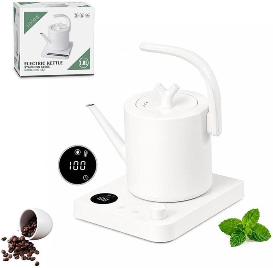 KZQ Waterkoker met smalle tuit Elektrische waterkoker met slimme temperatuurregeling 1 liter 1000 W Meerdere snelheidsinstellingen Display Droogkookbeveiliging 360° draaibare voet Wit