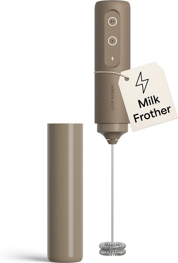 LARS NYSØM Melkopschuimer Elektrisch Oplaadbaar USB-C Handheld Melkopschuimer Staaf met 2 Snelheden Mixer met RVS Garde voor Latte Cappuccino & Warme Chocolademelk (Taupe Brown)