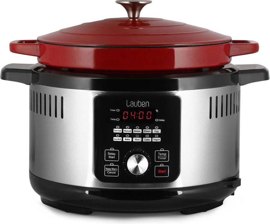 Lauben Multicooker Snelkookpan Slowcooker Snelkookpan 6 liter Slowcooker met timer OvenSafe 6 Liter 1500W Rood Zilver