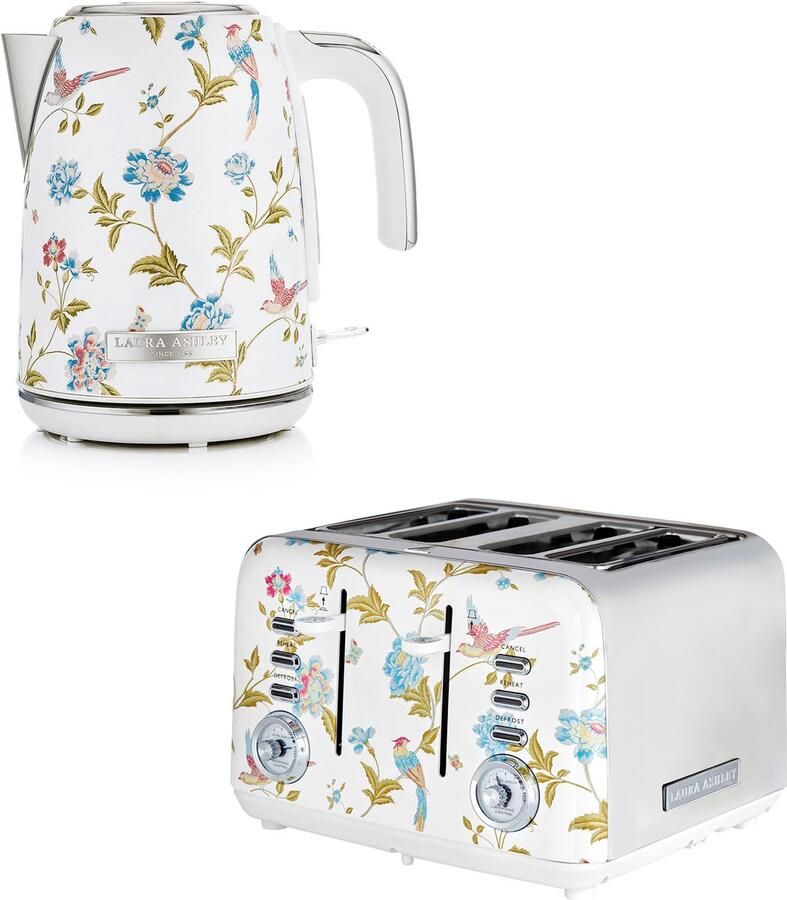 Laura Ashley by VQ Keuken Set – Jug Waterkoker 1 7L & 4-Sleuven Broodrooster – Elveden Wit – Luxe Design Ontbijtset