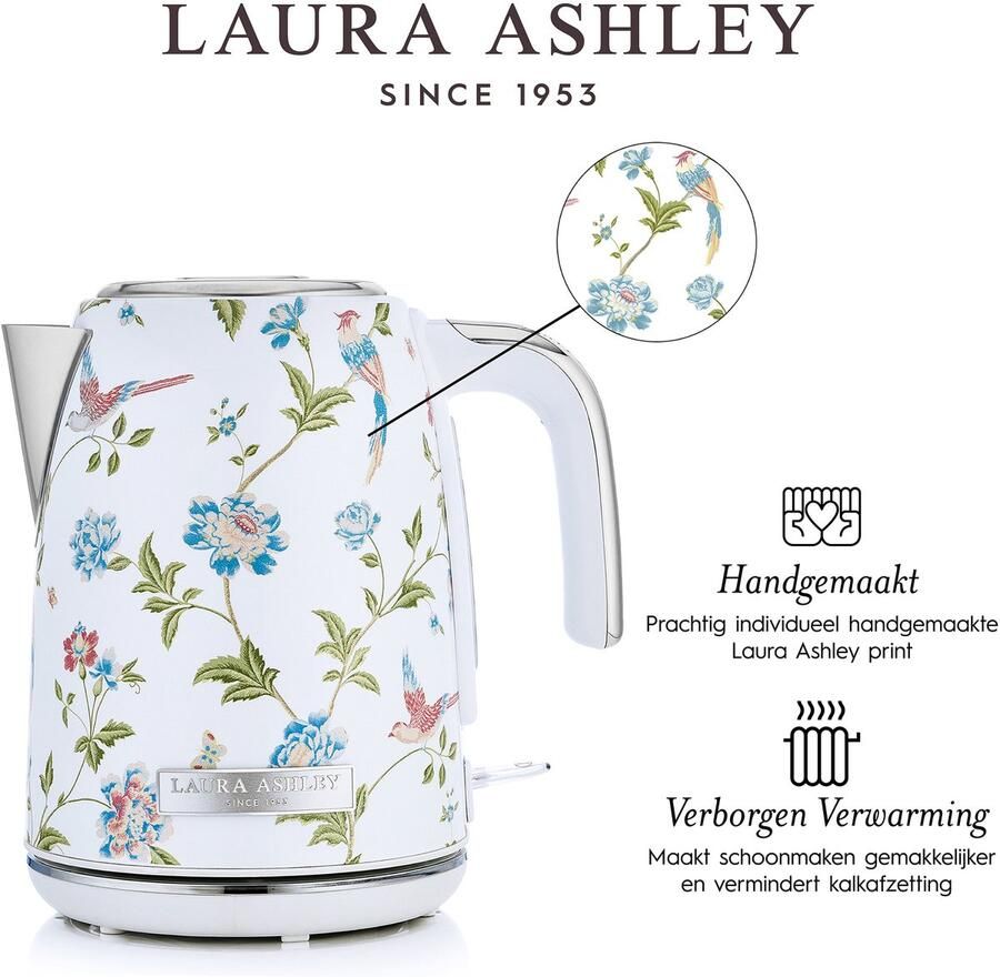 Laura Ashley Wasserkocher – 1 7 l 2200 W beleuchtetes Display kabellos 360° drehbarer Sockel Trockengehschutz – Elveden White Design by VQ - Foto 2