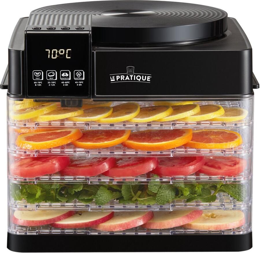 Le pratique Compacte Voedseldroger met 5 Trays BPA-VRIJ Dehydrator met 48h Timer en Digitaal Display Temp. van 35°C tot 70°C 380W