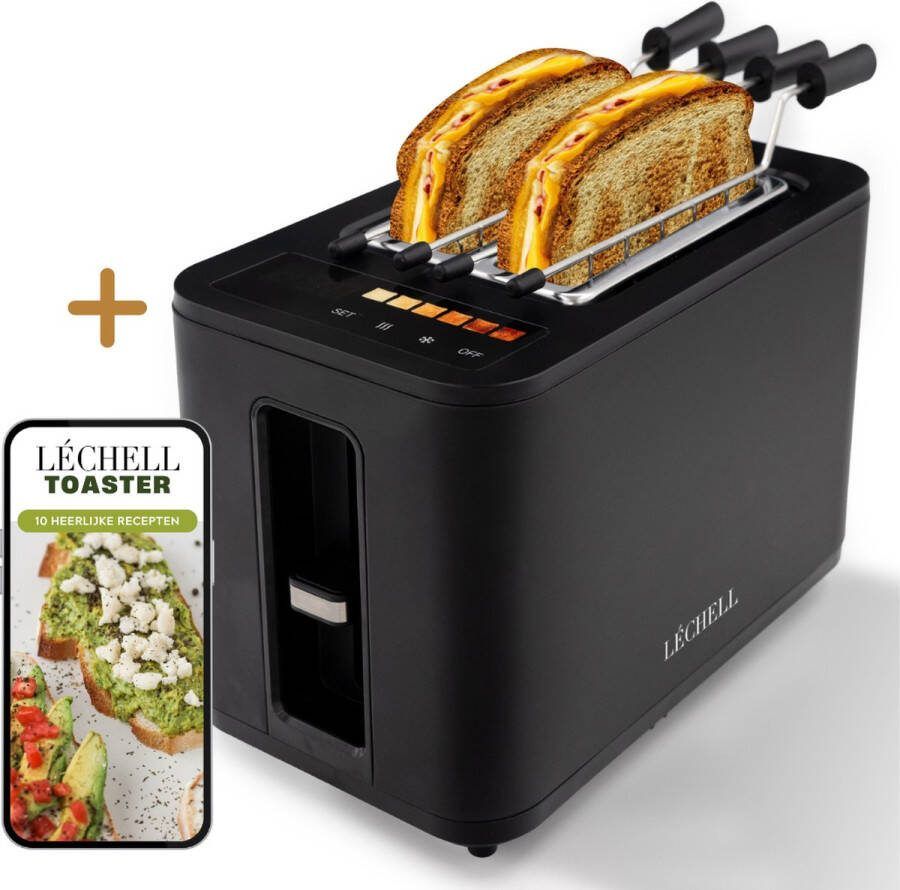 Léchell Broodrooster met tostiklemmen Toaster LED scherm 6 Warmteniveaus Brede sleuven Broodrooster 900W Zwart Instelbare bruiningsstand en ontdooifunctie Inclusief E-book met 10 heerlijke recepten