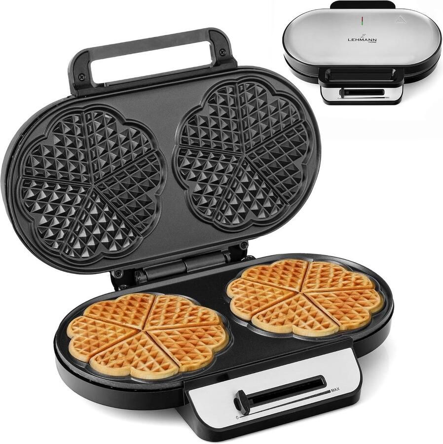 Lehmann Dubbel Wafelijzer Hartvorm Hart Waffle Maker voor 10 Klassieke Hartwafels 2 Bakoppervlakken met Antiaanbaklaag Temperatuurregeling Baklamp 1200W Zwart Zilver