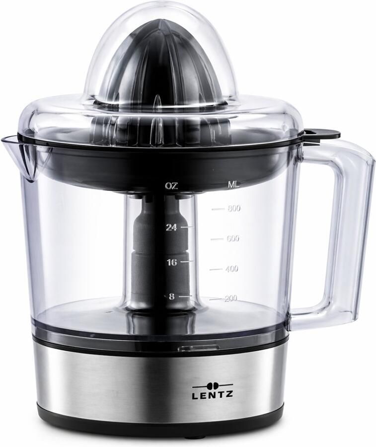 Lentz Elektrische Citruspers 0 8L – Sinaasappelpers met 2 Perskegels Automatische Rotatie Links Rechts BPA-vrij RVS Design Citruspers Elektrisch Sapcentrifuge Citruspers Machine Anti-slip 30W Compact & Krachtig