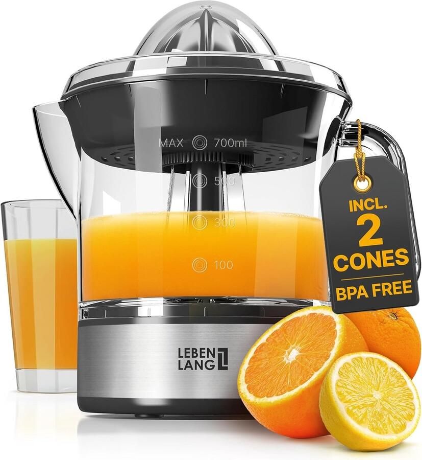 Lexium Store Citruspers elektrisch Oranje 700 ml RVS met 2 Perskegels Voor Thuisgebruik
