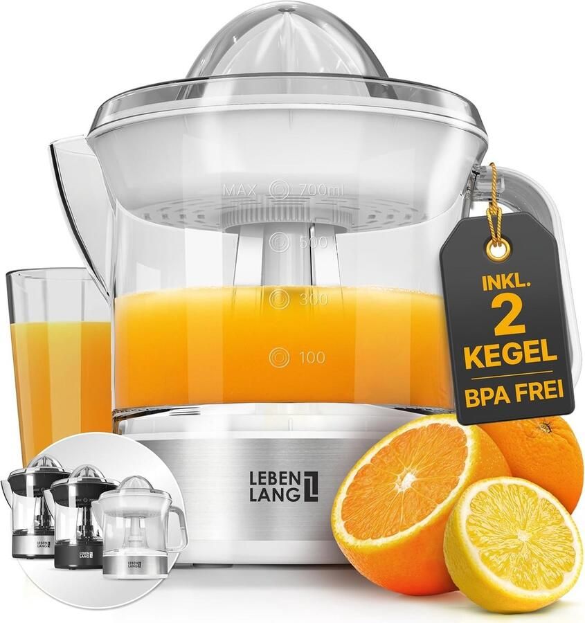 Lexium Store Citruspers elektrisch Wit 700 ml BPA-vrij RVS met 2 Perskegels Voor Thuisgebruik