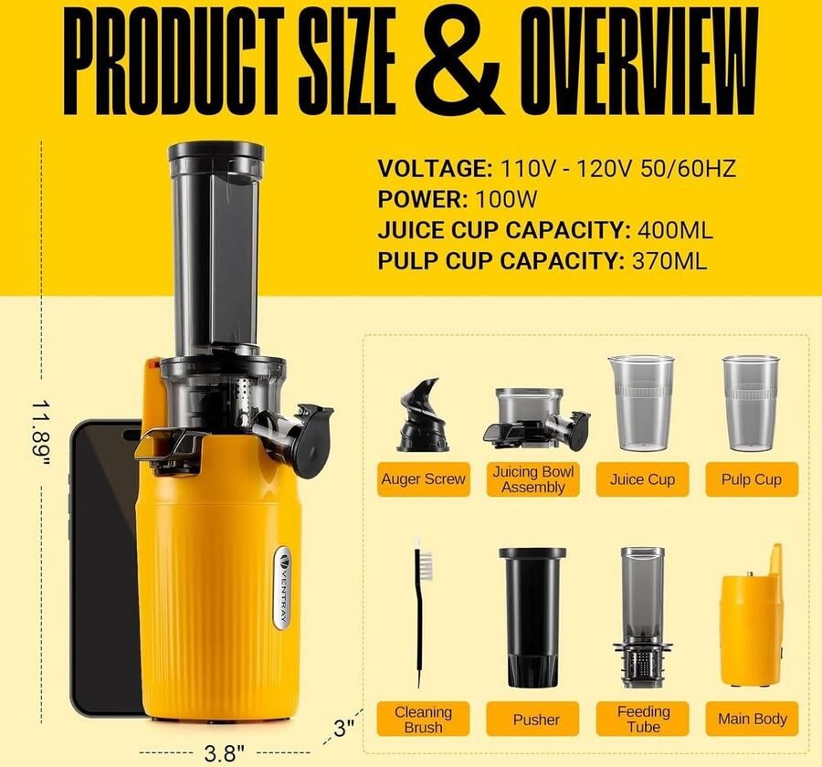 Lexium Store Citruspers elektrisch Zonnig Geel Compacte slowjuicer met 60 rpm lage snelheid BPA-vrij materiaal Voor gezonde sapextractie
