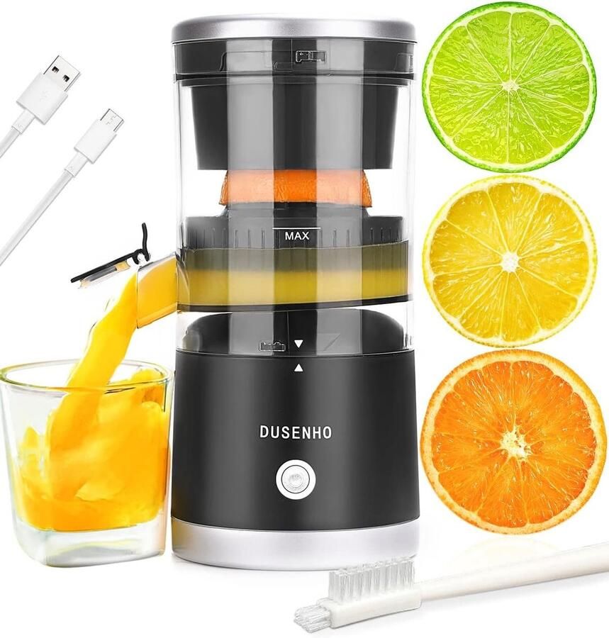 Lexium Store Citruspers elektrisch Zwart en zilver Oplaadbaar met USB-C BPA-vrij ABS Draagbare sapcentrifuge voor citrusvruchten
