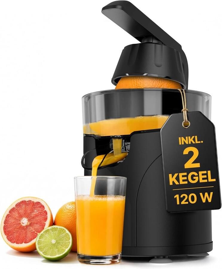 Lexium Store Citruspers elektrisch Zwart Met 2 perskegels en lekvrij reservoir Duurzaam kunststof en RVS Voor vers sap van citrusvruchten