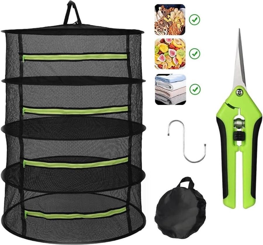 Lexium Store Droognet Groen Zwart 4-Lagiger Nylon Kruidendroger met Ritssluiting en Ophanghaak Voor Kruiden en Planten