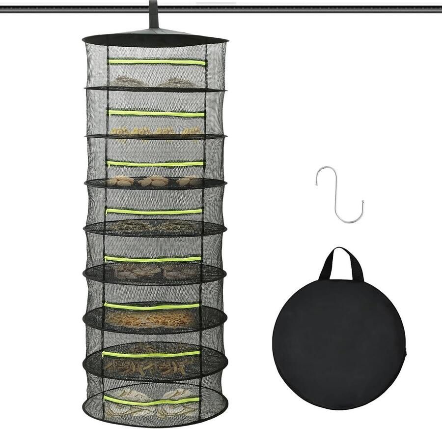 Lexium Store Droognet Zwart 60 x 170 cm Nylon 8 Lagen Kruidendroger met Standaard Voor Kruiden en Voedsel