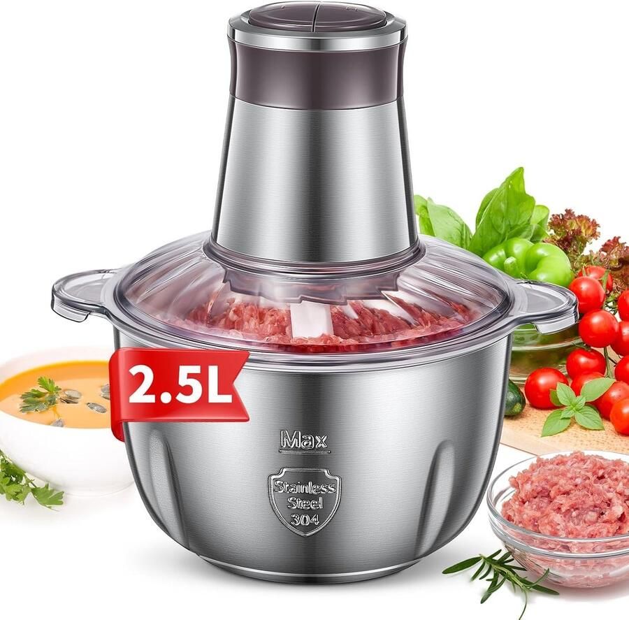 Lexium Store Elektrische groentesnijder RVS 2 5 L 350W met 2 Snelheden en 4 Messen Voor Keuken en Vleesbereiding