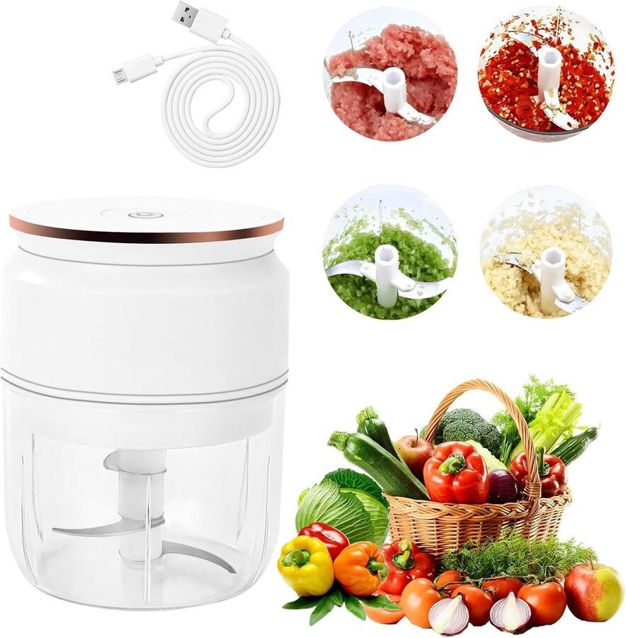 Lexium Store Elektrische groentesnijder Wit 300 ml Oplaadbare hakmolen met roestvrijstalen messen Voor keuken en foodprep