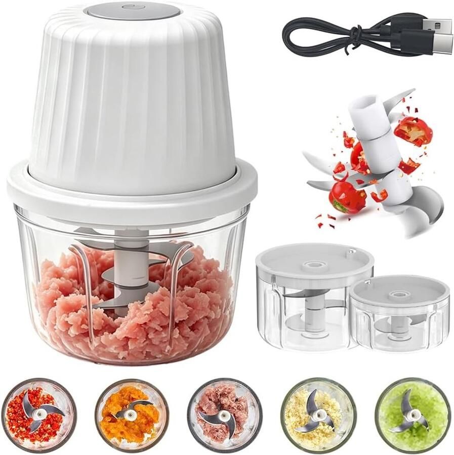 Lexium Store Elektrische groentesnijder Wit 350 ml + 250 ml + 100 ml Mini Hakmolen met Roestvrijstalen Messen Voor Thuis en Outdoor Gebruik