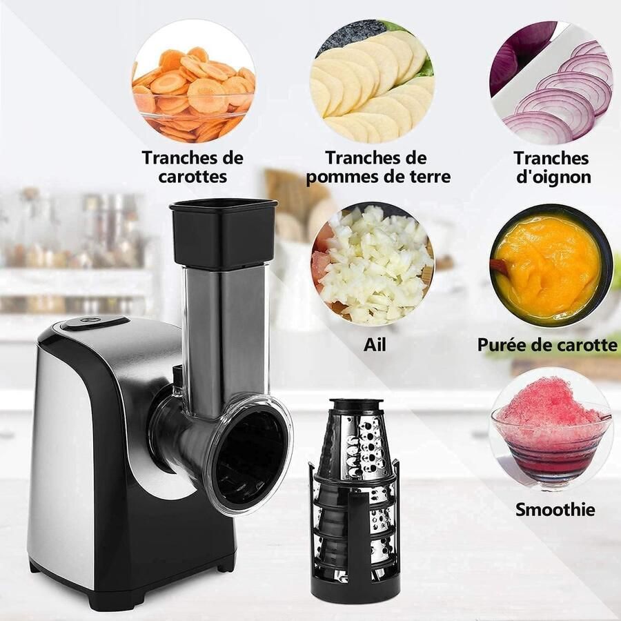 Lexium Store Elektrische groentesnijder Zilvergrijs 150 W 5 roestvrijstalen kegels Multifunctionele hakmolen voor groenten en fruit
