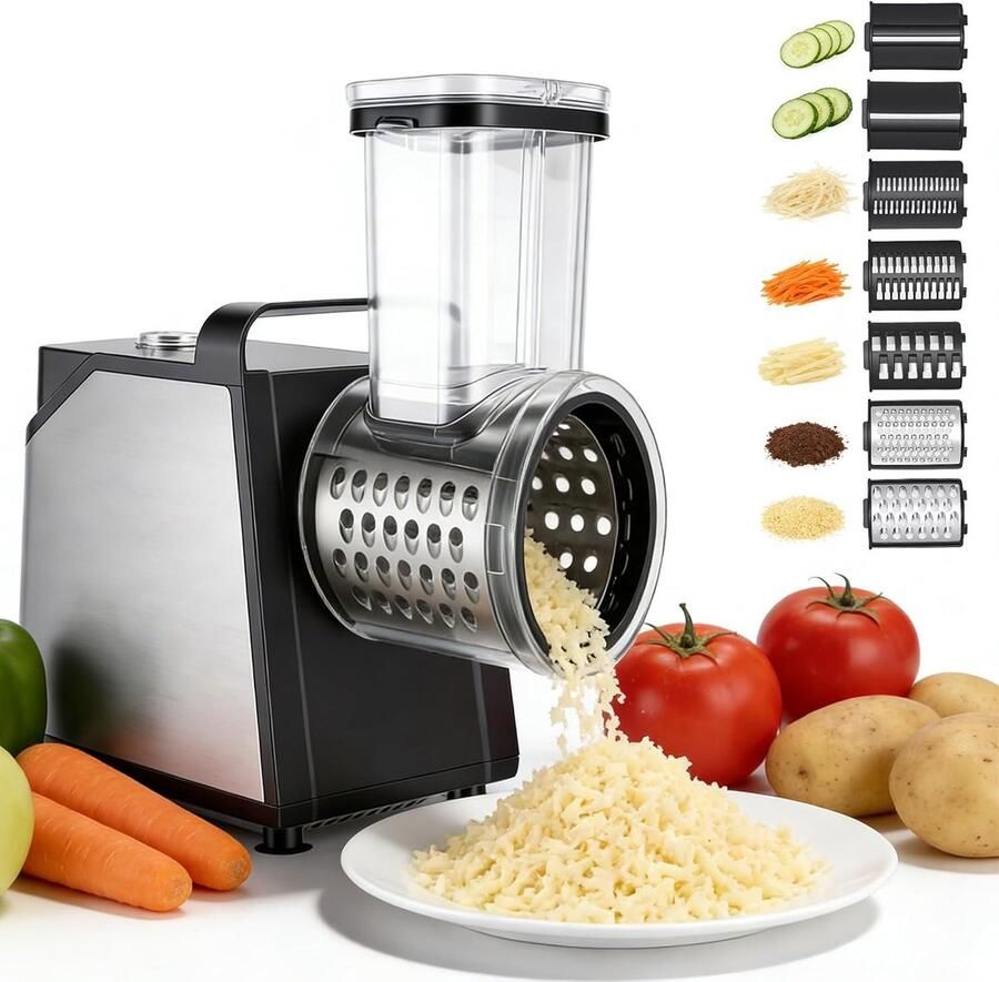 Lexium Store Elektrische kaasrasp Wit XL-vulschacht 8 cm 7 Roestvrijstalen Messen Voor Kaas Groenten en Fruit