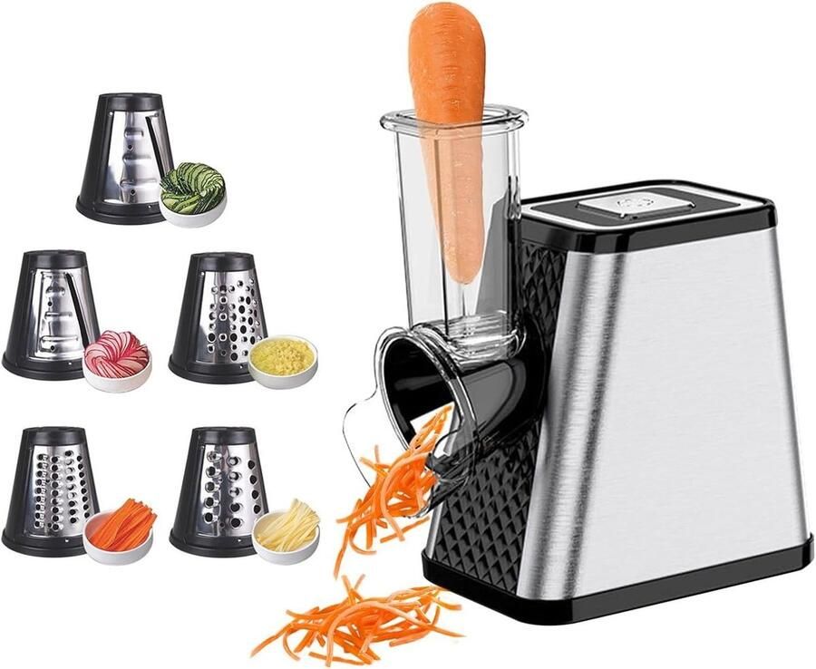 Lexium Store Elektrische kaasrasp Zilver Zwart 5-in-1 groentesnijder met 500 W motor Roestvrijstalen messen Voor keuken en dagelijks gebruik