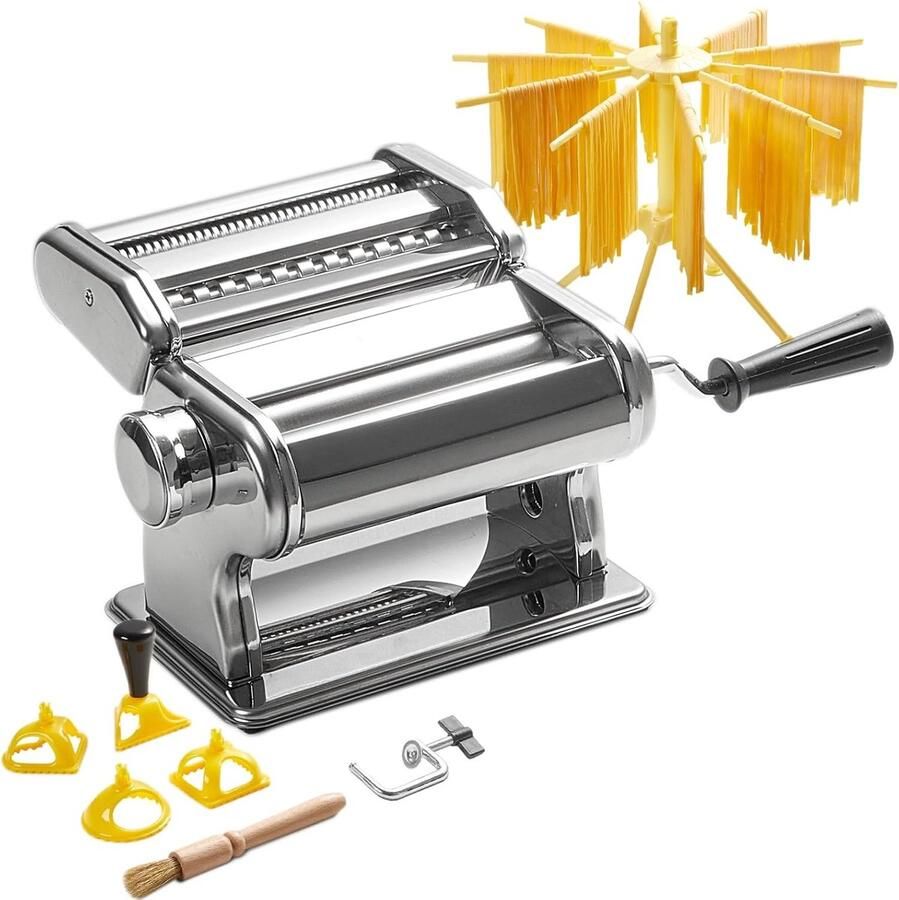 Lexium Store Elektrische pastamachine RVS 9 deegdiktes en 2 snijbreedtes Inclusief pastadroger en ravioli-uitstekers Voor verse pasta maken
