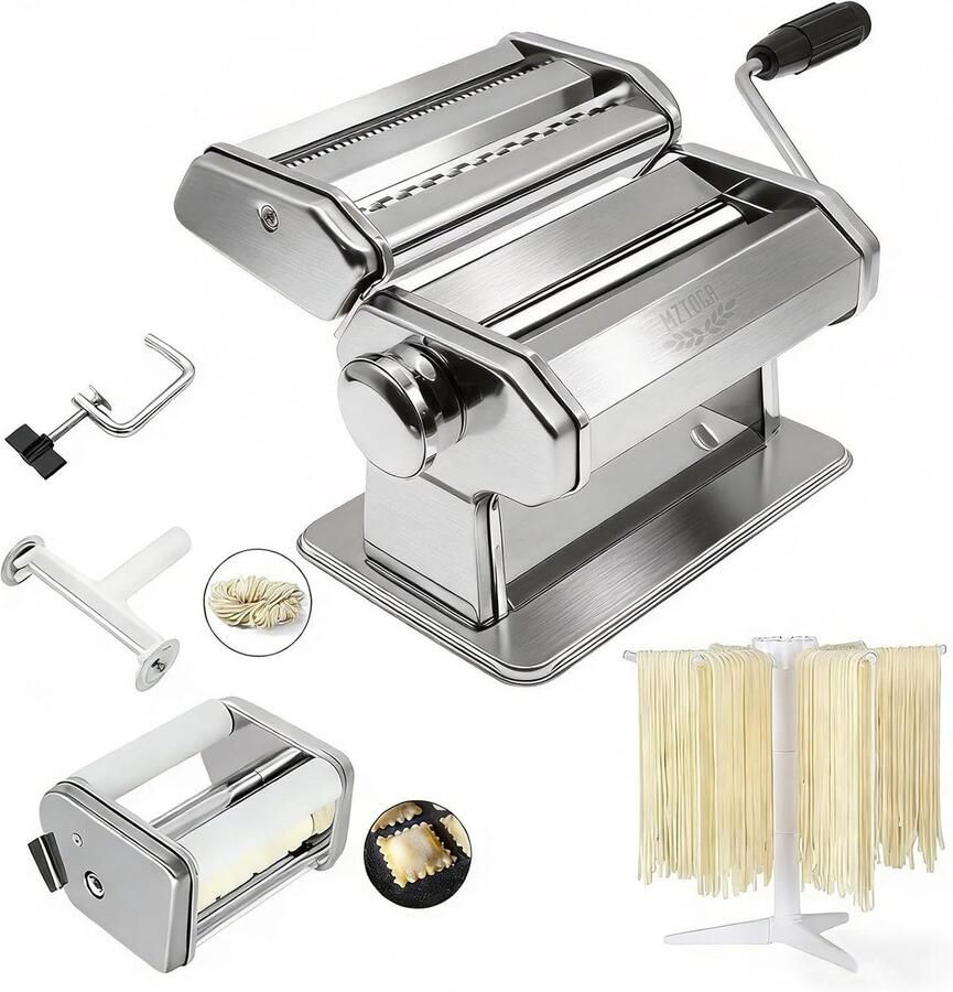 Lexium Store Elektrische pastamachine RVS MZ-150PR 6-delige set met verstelbare dikte en pasta droogrek Voor thuisgebruik