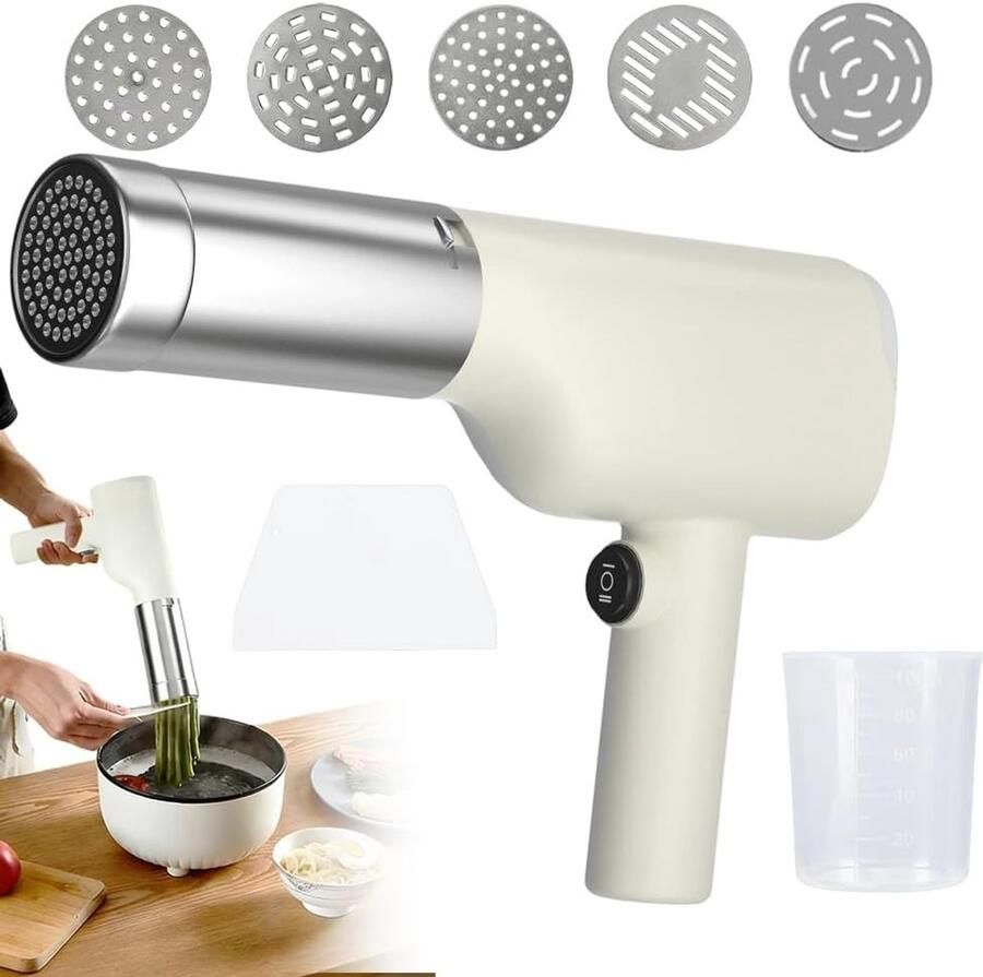 Lexium Store Elektrische pastamachine Wit Handheld met 5 Persvormen USB-oplaadbaar voor Thuis en Onderweg
