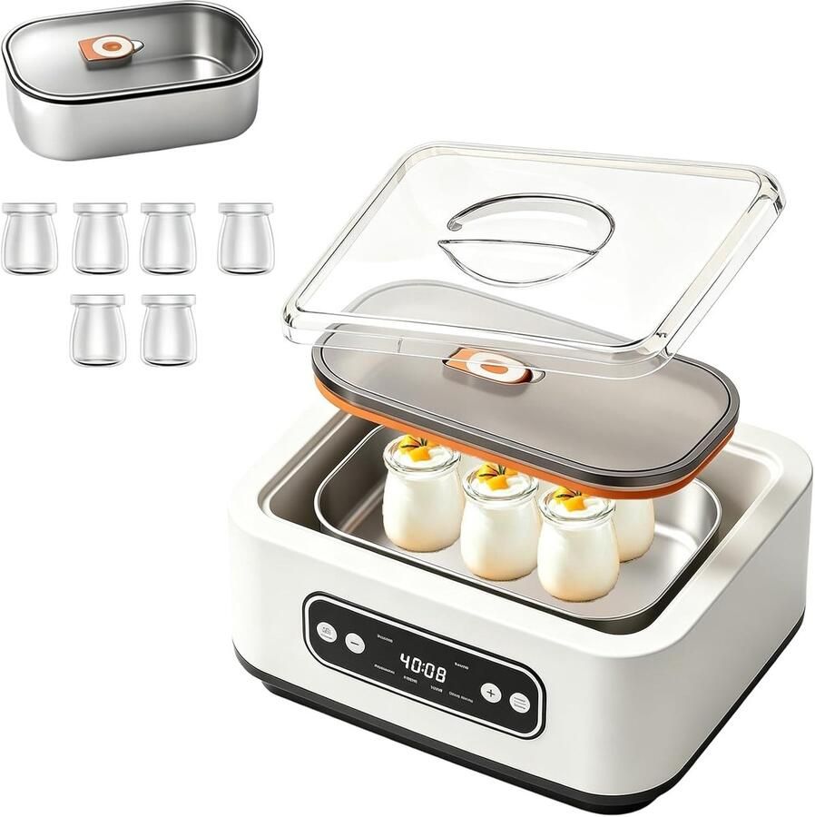 Lexium Store Kaasmaker Wit 1 6 Liter Roestvrijstalen Yoghurten Yoghurtmachine met Timer en 6 Glazen Voor Thuisgebruik