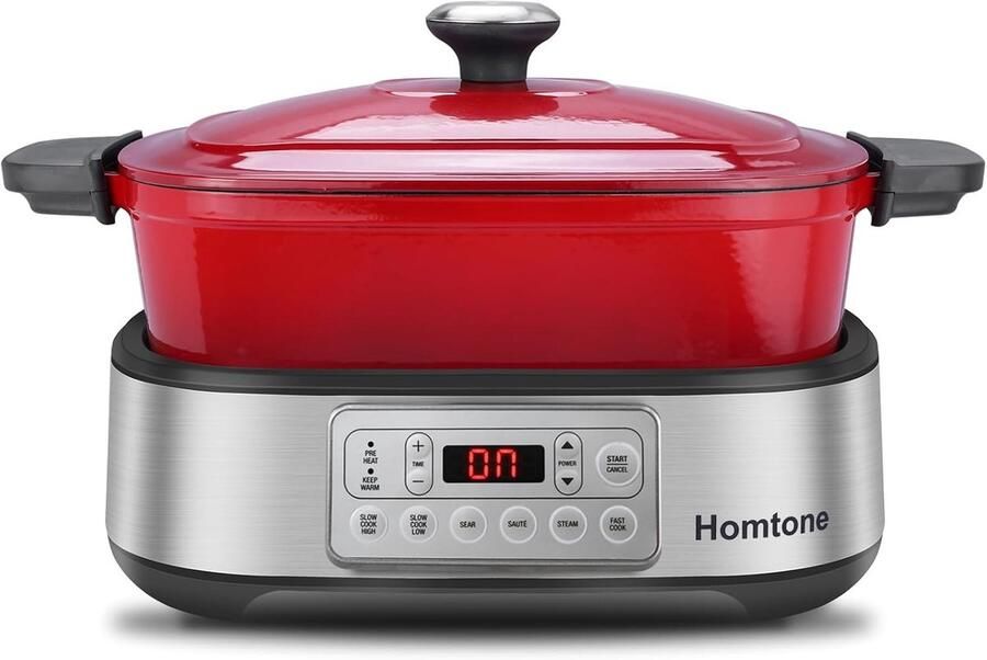 Lexium Store Multicooker Rood 5 Liter Afneembare Emaille Pan met Keramische Antiaanbaklaag Voor Langzaam Koken en Braden