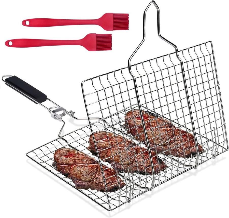 Lexium Store Plancha barbecue Roestvrij staal 32 x 22 cm Opvouwbare Grillmand met Afneembaar Handvat Voor Outdoor Koken