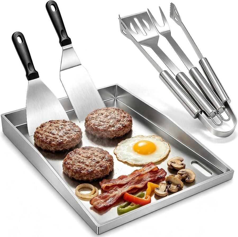 Lexium Store Plancha barbecue Roestvrij staal 40 x 30 cm 4 mm dikke stevige plaat Inclusief 5 barbecue accessoires voor veelzijdig gebruik