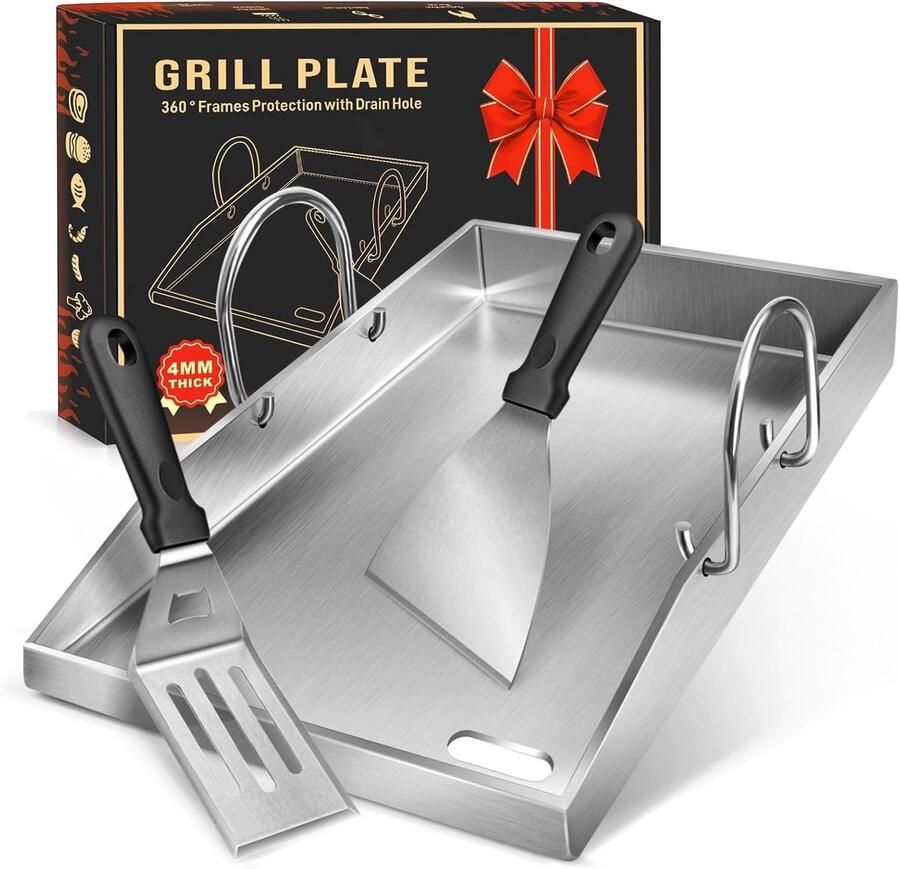 Lexium Store Plancha barbecue Roestvrijstaal 40 x 30 x 4 cm Grillplaat met Afneembare Handgrepen en 2 Grillspatels Voor Gas- en Houtskoolgrills