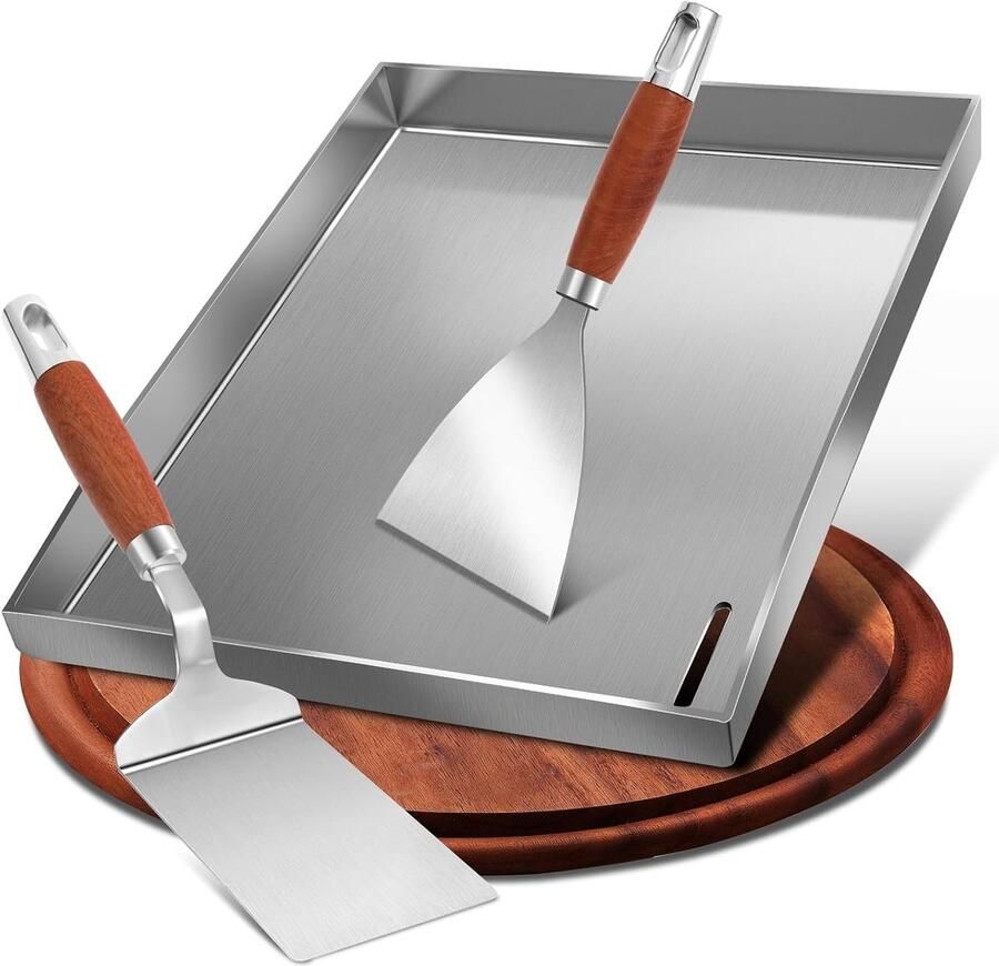 Lexium Store Plancha barbecue RVS 30 x 40 cm Massieve Roestvrijstalen Grillplaat met 2 Grillspatels Universeel voor Gas- en Houtskoolgrill