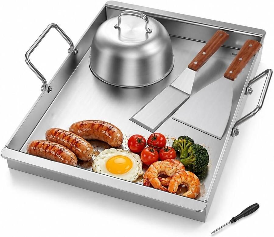 Lexium Store Plancha barbecue RVS 40 x 30 cm Massieve Grillplaat met Hamburgerbel en 2 Spatels Voor Gas- en Houtskoolbarbecue