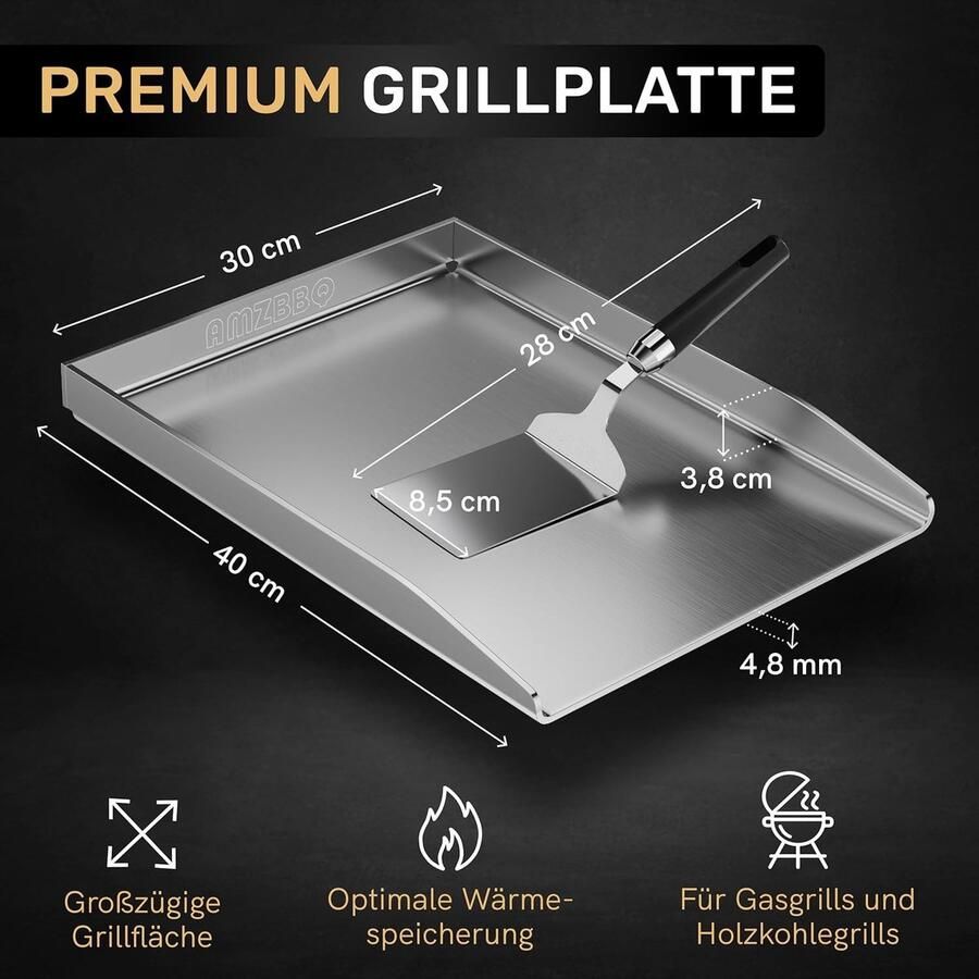 Lexium Store Plancha barbecue RVS 40 x 30 x 3 8 cm Grillplaat met Spatel voor Gas- en Houtskoolbarbecue