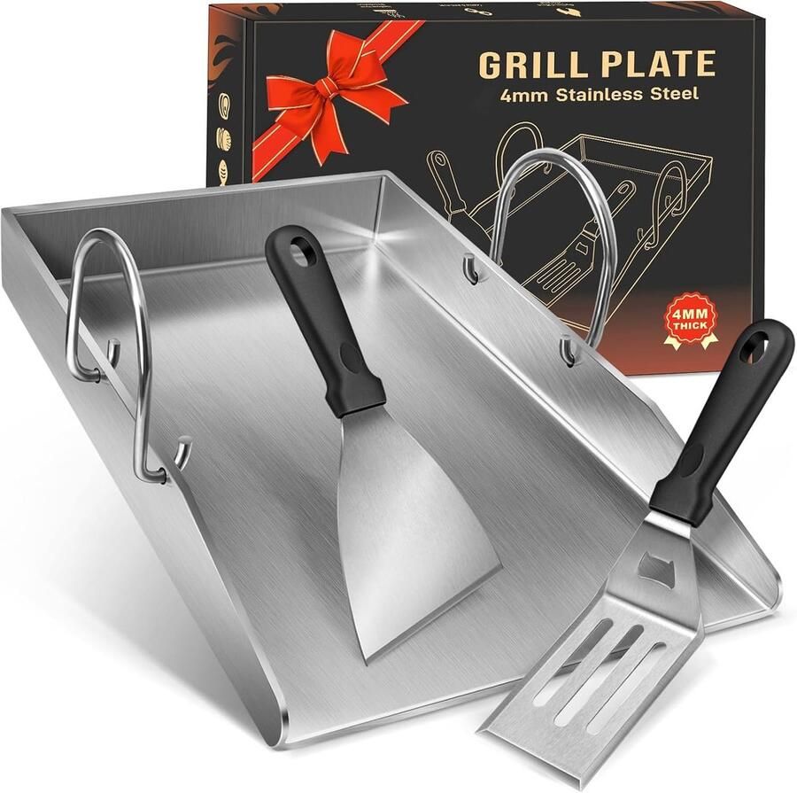 Lexium Store Plancha barbecue RVS 40 x 30 x 4 cm 4 mm dikke grillplaat met afneembare handgrepen Voor gas- en houtskoolgrill