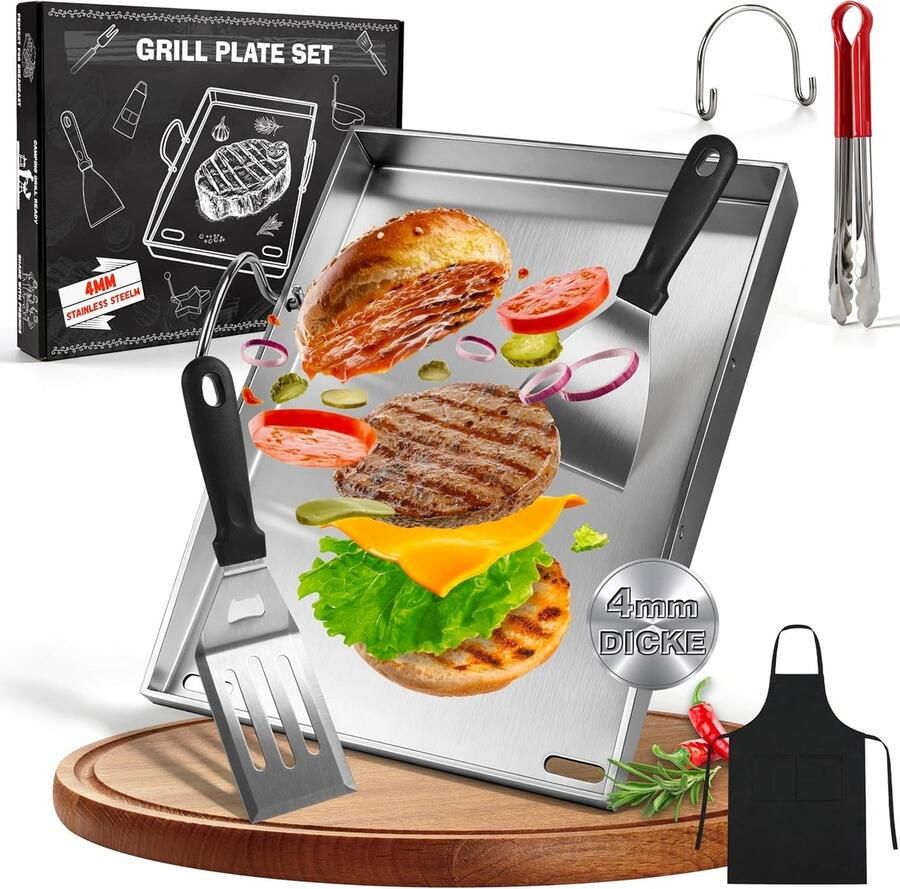Lexium Store Plancha barbecue Vier zijden 40 x 30 cm Roestvrijstalen Grillplaat met Accessoires Voor Outdoor Koken