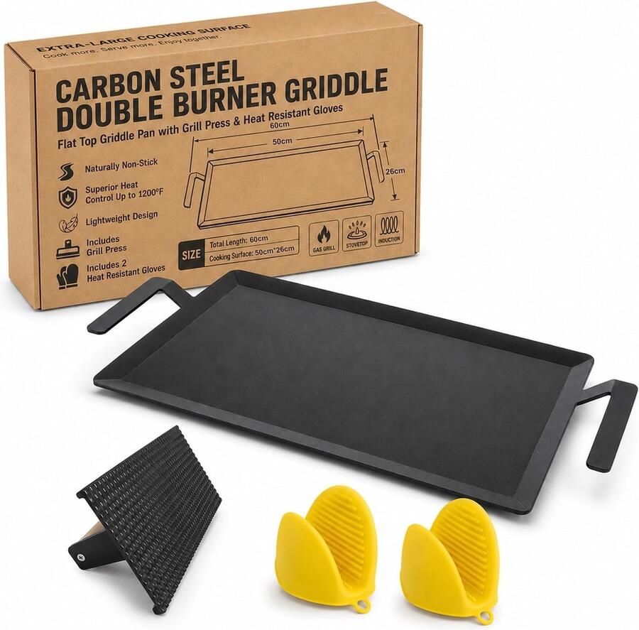 Lexium Store Plancha barbecue Zwart 60 x 26 cm Koolstofstalen Grillplaat met Grillpers en BBQ Handschoenen Voor Gasbarbecue en Inductiekookplaat