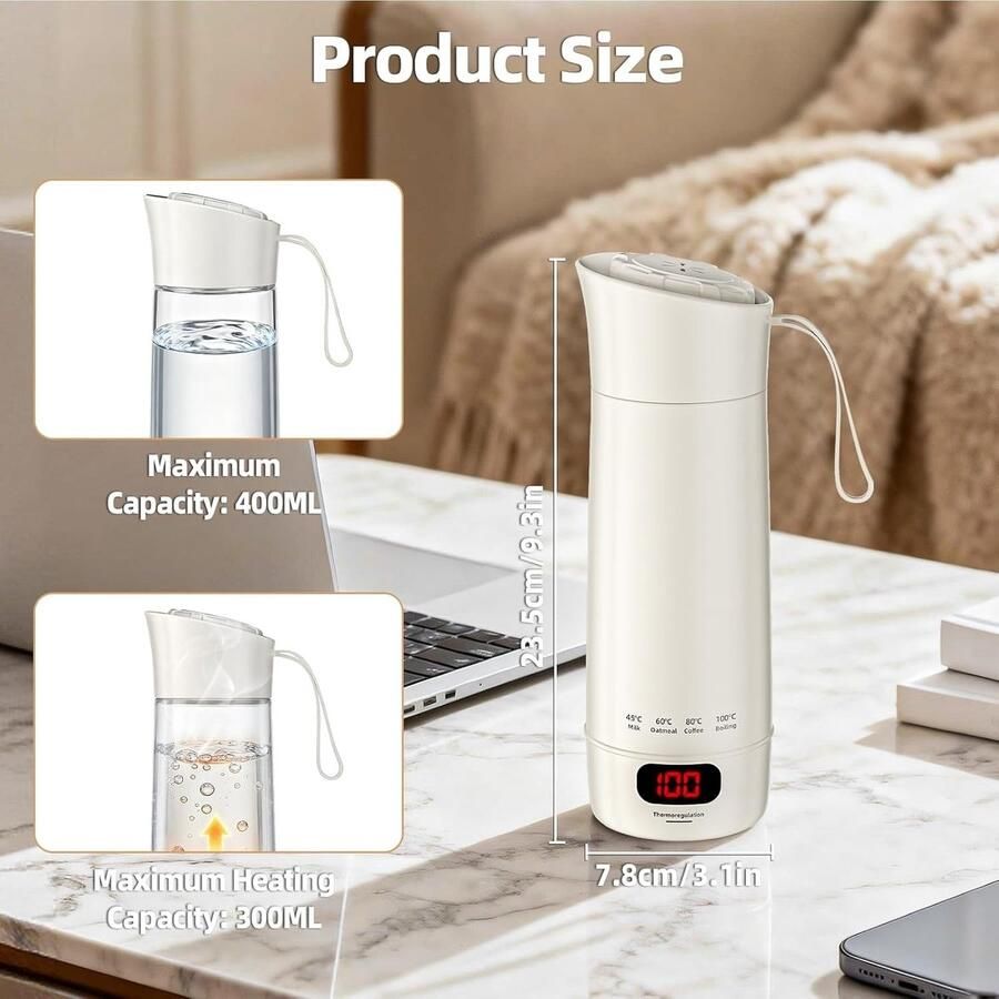 Lexium Store Reiswaterkoker Wit 400 ml Roestvrijstalen Mini Waterkoker met 4 Temperatuurinstellingen Voor Reizen en Thuis