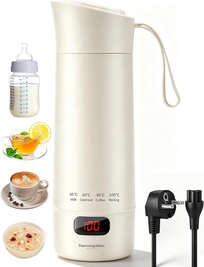 Lexium Store Reiswaterkoker Wit 450 ml Draagbare Elektrische Waterkoker met Temperatuurregeling Voor Reizen en Thuisgebruik