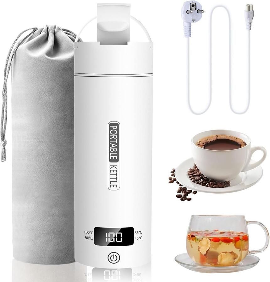 Lexium Store Reiswaterkoker Wit 500 ml Roestvrijstalen Mini Waterkoker Voor Reizen en Thuisgebruik