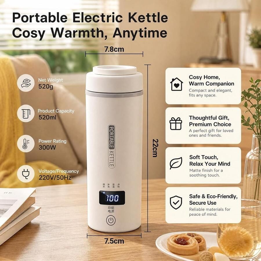 Lexium Store Reiswaterkoker Wit 550 ml Roestvrijstalen Binnencontainer Compacte Elektrische Waterkoker voor Reizen