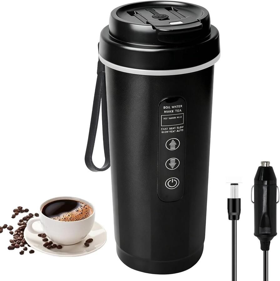 Lexium Store Reiswaterkoker Zwart 500 ml Roestvrij Staal Draagbare Elektrische Koker voor Auto en Camping