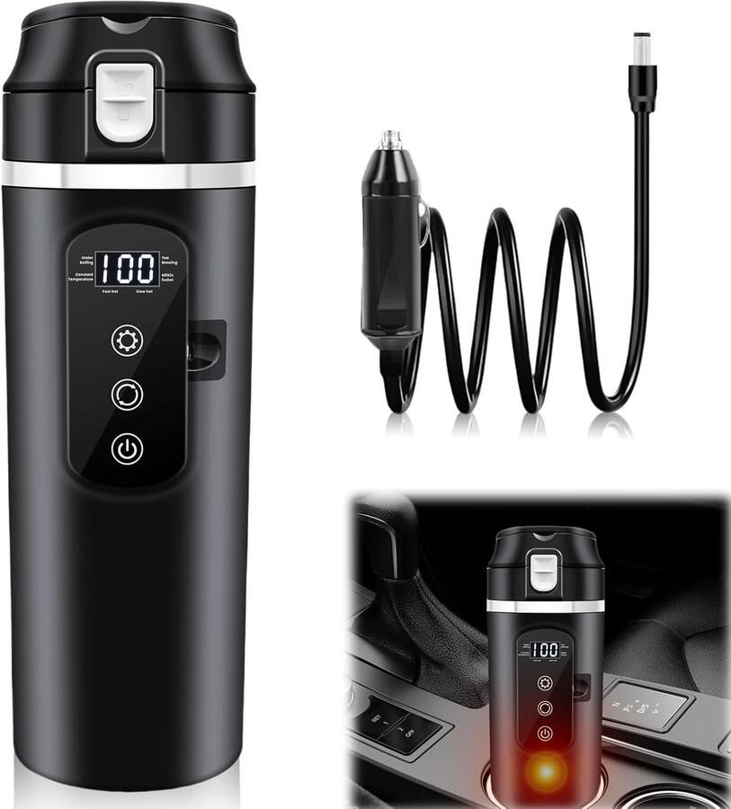 Lexium Store Reiswaterkoker Zwart 500 ml Roestvrijstalen Elektrische Auto Verwarmingsbeker Voor Reizen en Auto