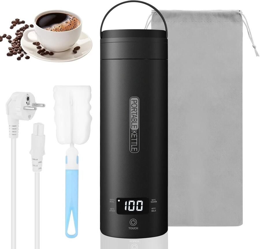 Lexium Store Reiswaterkoker Zwart 500 ml Roestvrijstalen Mini Waterkoker met Temperatuurinstelling Voor Reizen en Camping