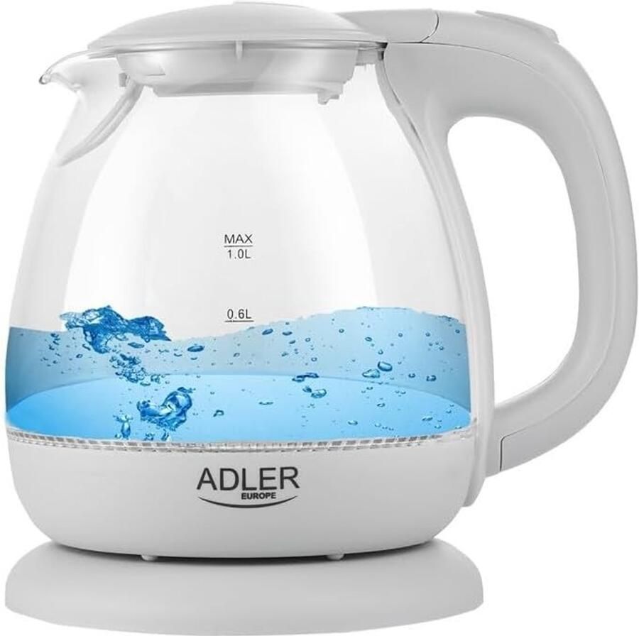 Lexium Store Retro waterkoker wit 1 liter glazen elektrische waterkoker met LED verlichting voor thuisgebruik