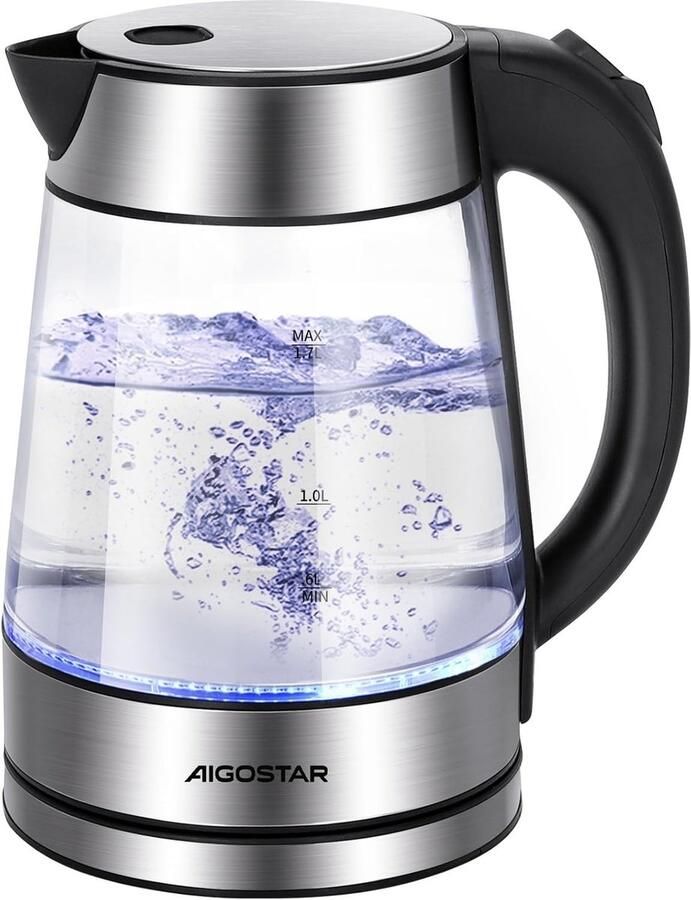 Lexium Store Retro waterkoker Zwart 1 7 liter Borosilicaatglas en Roestvrij Staal Elektrische Waterkoker voor Thuisgebruik